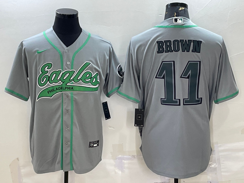 Men's Grey Philadelphia Eagles #11 A. J. Brown With Patch Cool Base Stitched Baseball Jersey